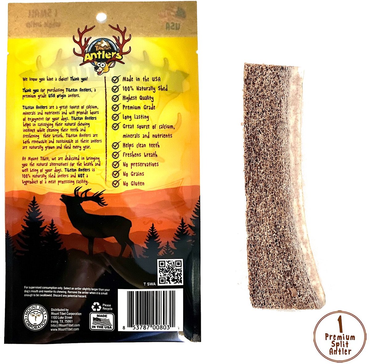 Tibetan Dog Chew Split Antler Grain-Free Dog Treat， 1 count， Small