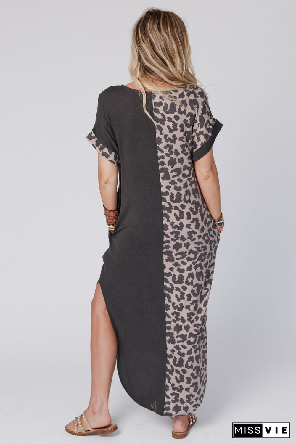 Black Contrast Solid Leopard Short Sleeve T-shirt Dress with Slits