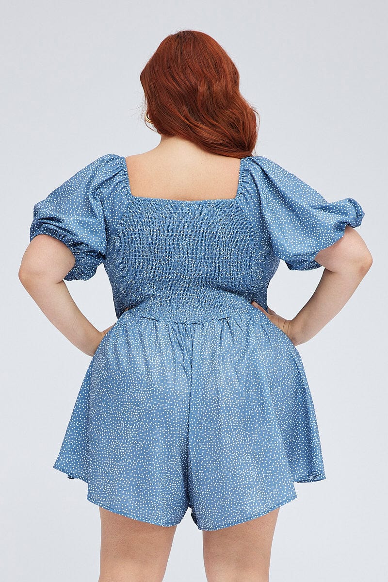 Polka Dot Playsuit Scoop Neck Puff Sleeve