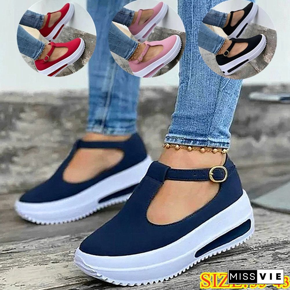 Women Summer Retro Buckle Round Head Wedge Platform Slip-On Sandals Solid Color Slipper Shake Shoes