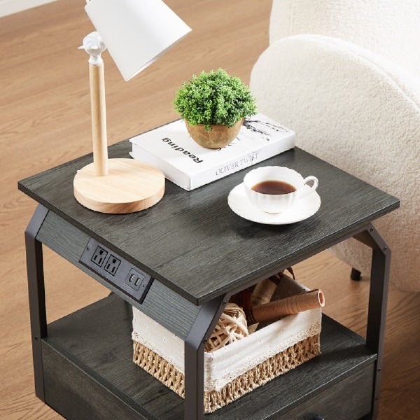 Side Table With Charging Station And Drawers