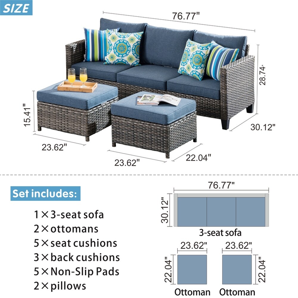 OVIOS 3 piece Outdoor High back Wicker Sectional Ottoman Set