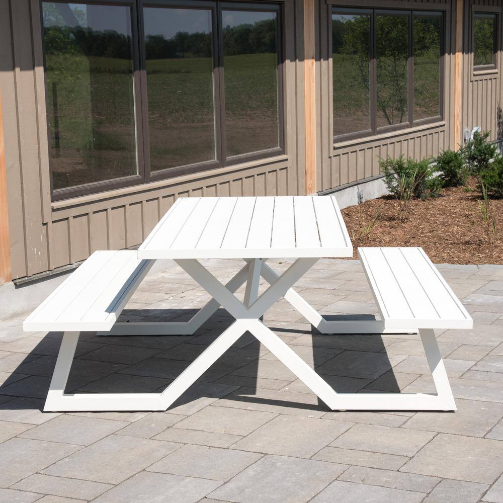 Vivere Banquet White Rectangle Aluminum Picnic Table with Attached Bench Seating BDAT-WH