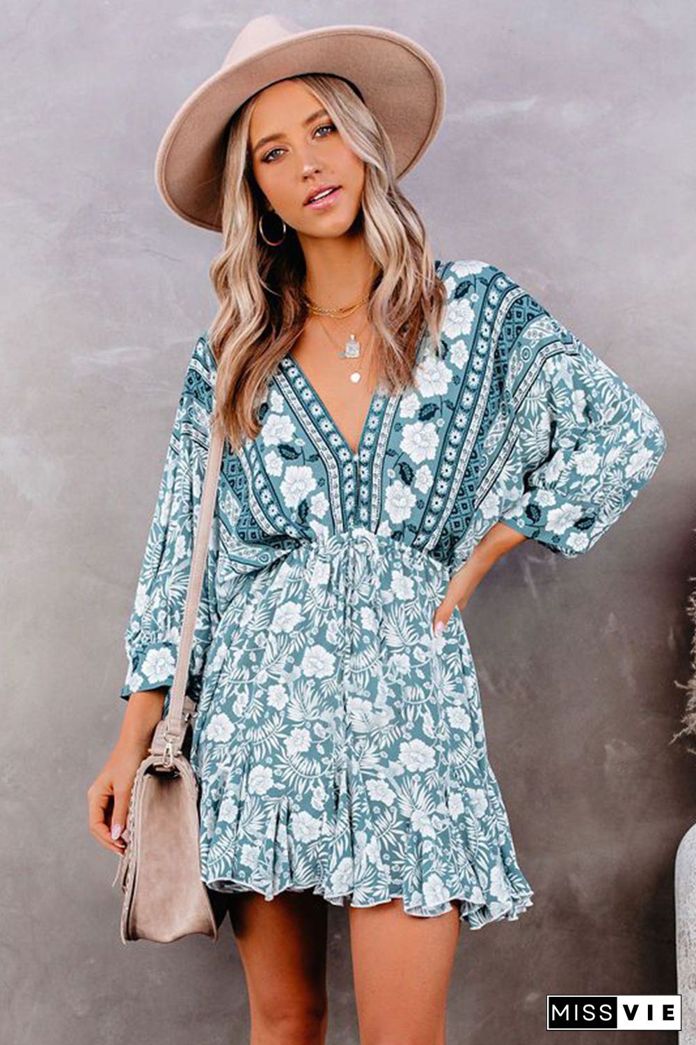 Green V Neck 3/4 Sleeve Bohemian Vintage Print Mini Dress