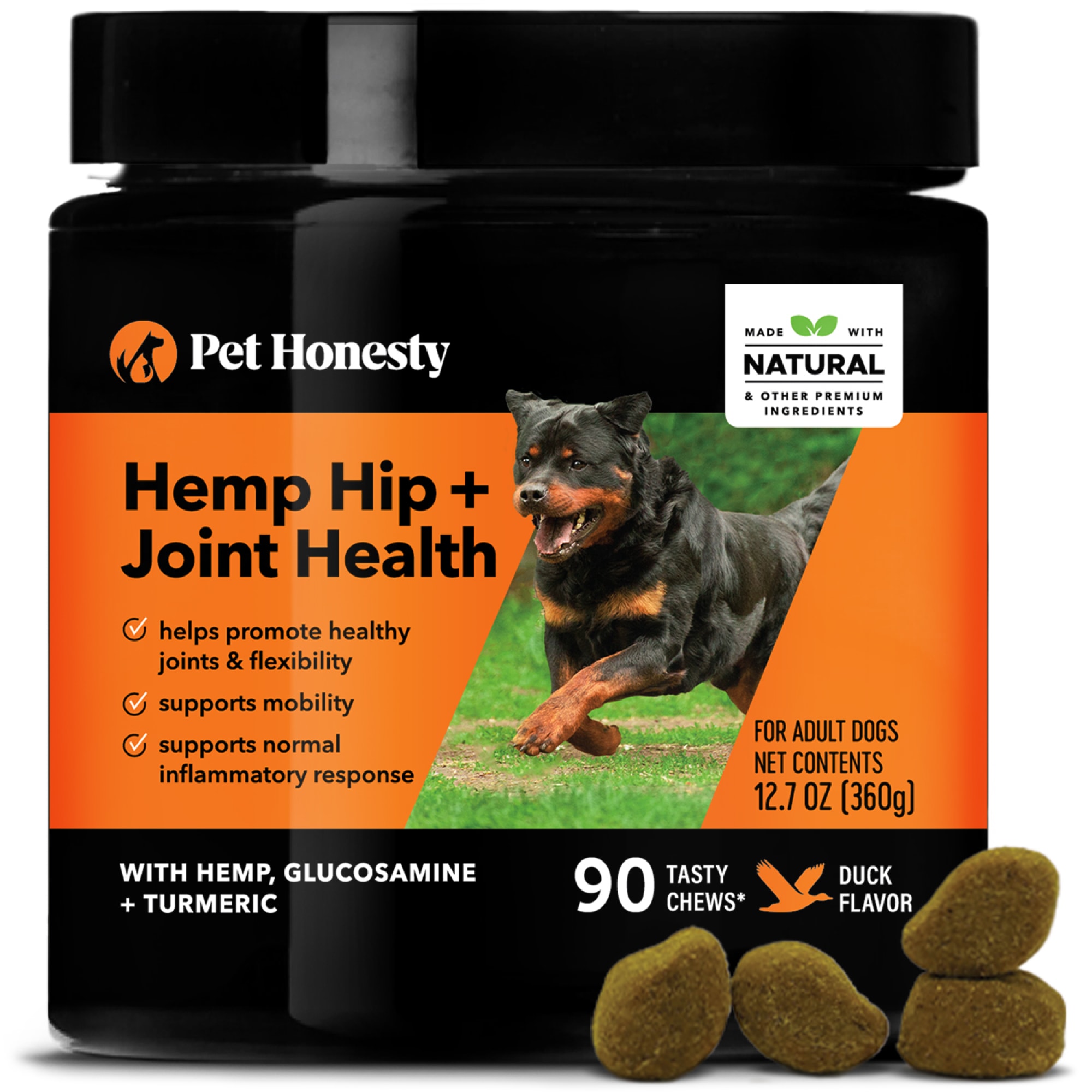 Pet Honesty Hemp Hip + Joint Health Soft Duck Chews for Dogs， Count of 90