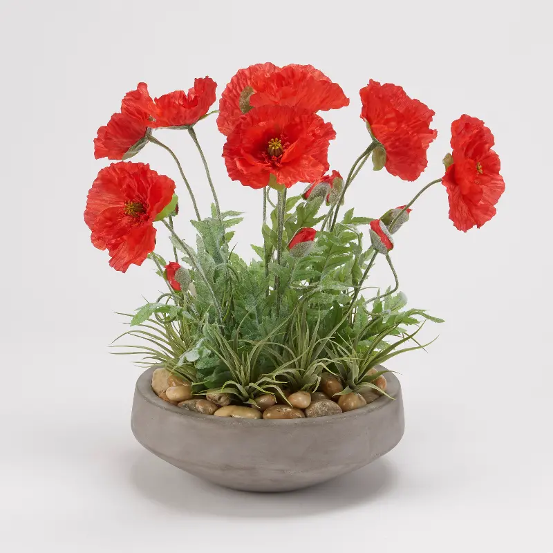 Faux Red Poppies Arrangement in Cement Bowl