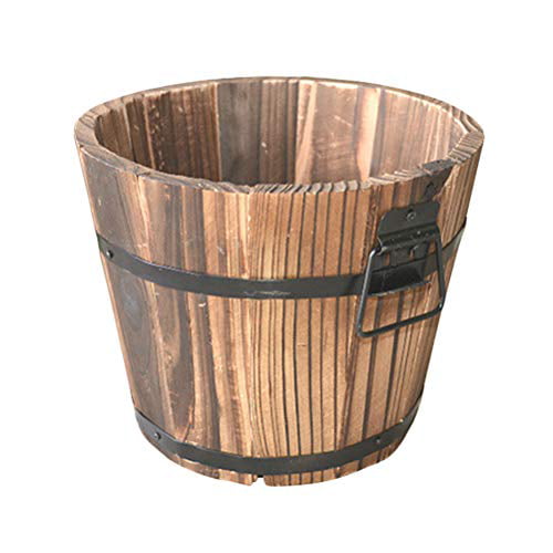 Yardwe Wooden Whiskey Barrel Planter Round Wooden Garden Flower Pot Decor Plant Container Box Brown Large (19 x 14 x 15 cm)