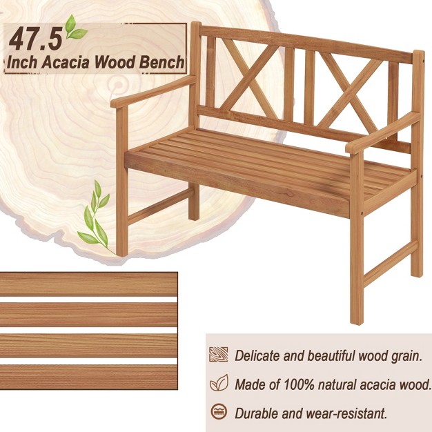 Tangkula 2 person Acacia Wood Bench Outdoor Slats Loveseat Chair With Armrest Backrest Sturdy Frame 800lbs Load Capacity