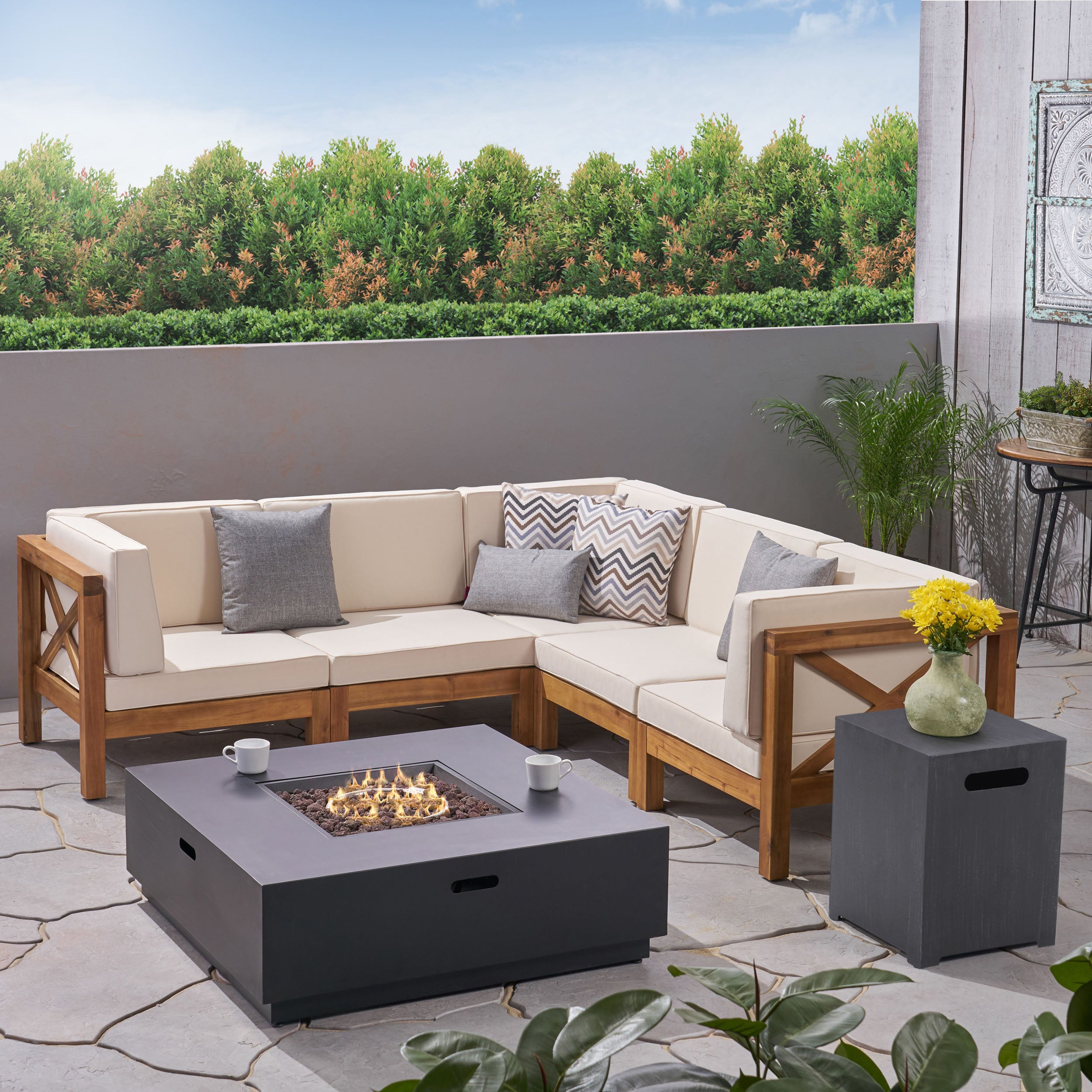 Gina Outdoor Acacia Wood 5 Seater Sectional Sofa Set with Fire Pit