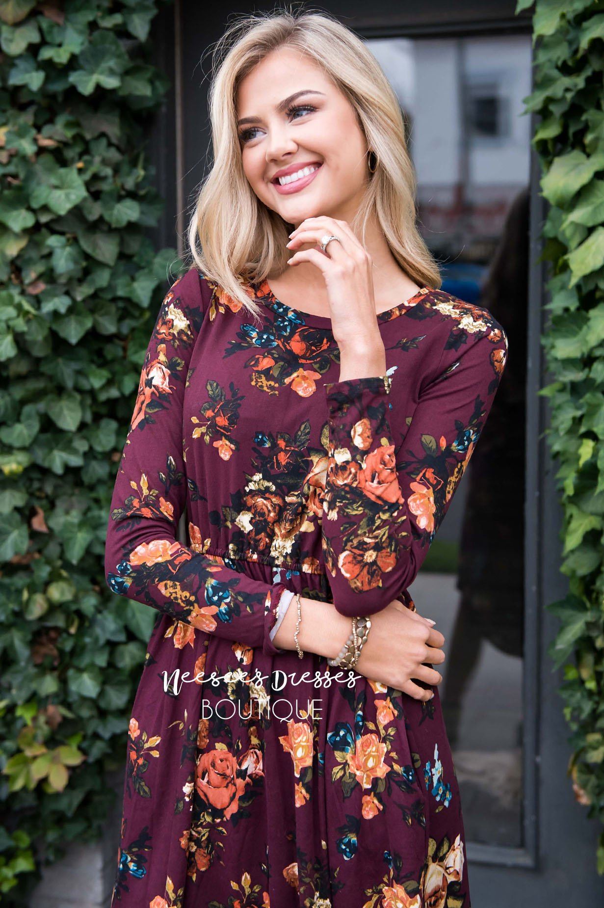 Burgundy In Bloom Long Sleeves Dress