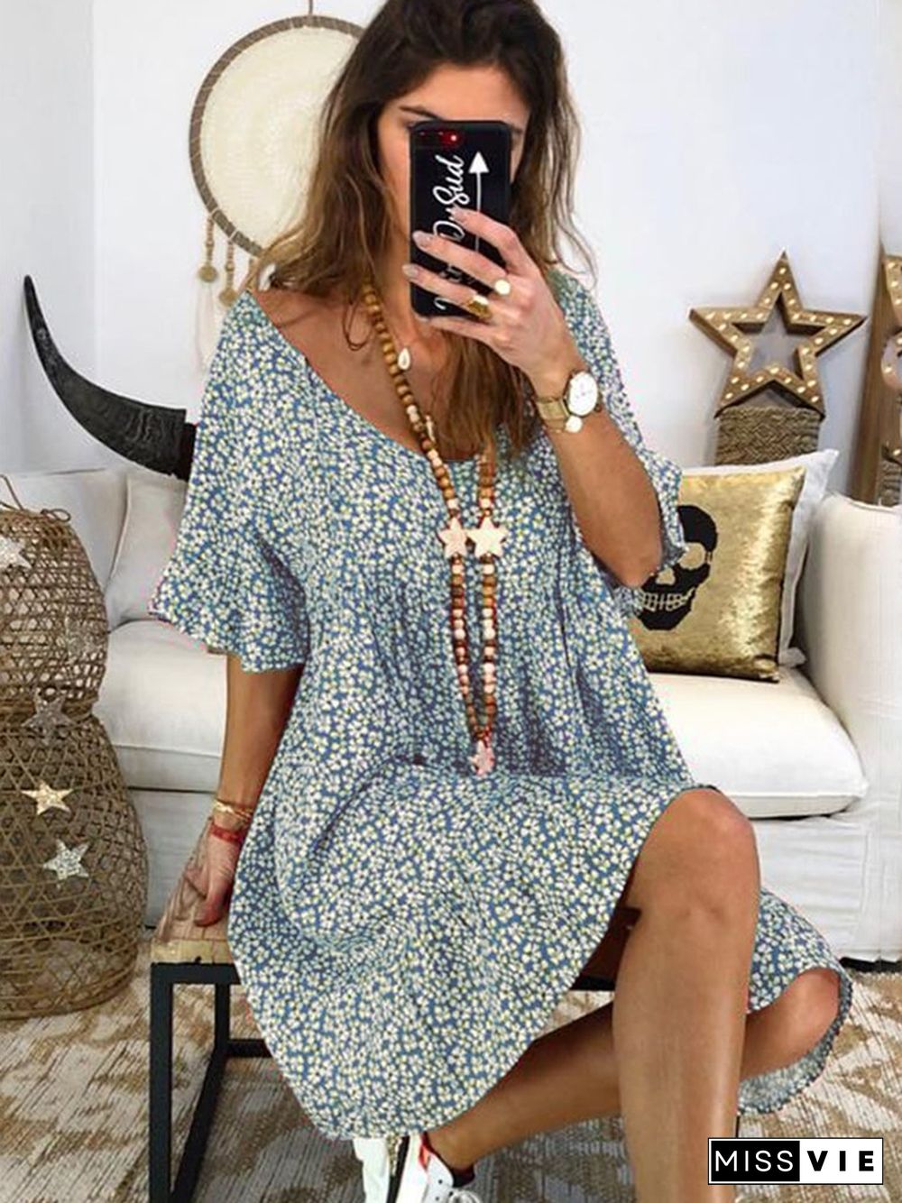 Women Boho Cotton Floral Printed V Neck Weaving Dress