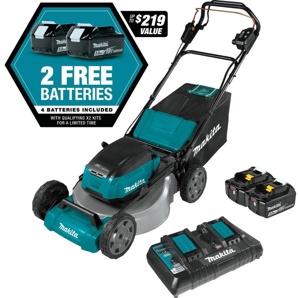 Makita 21 in. 18-Volt X2 (36-Volt) LXT Lithium-Ion Cordless Walk Behind Self Propelled Lawn Mower Kit with 4 Batteries (5.0 Ah) XML08PT1