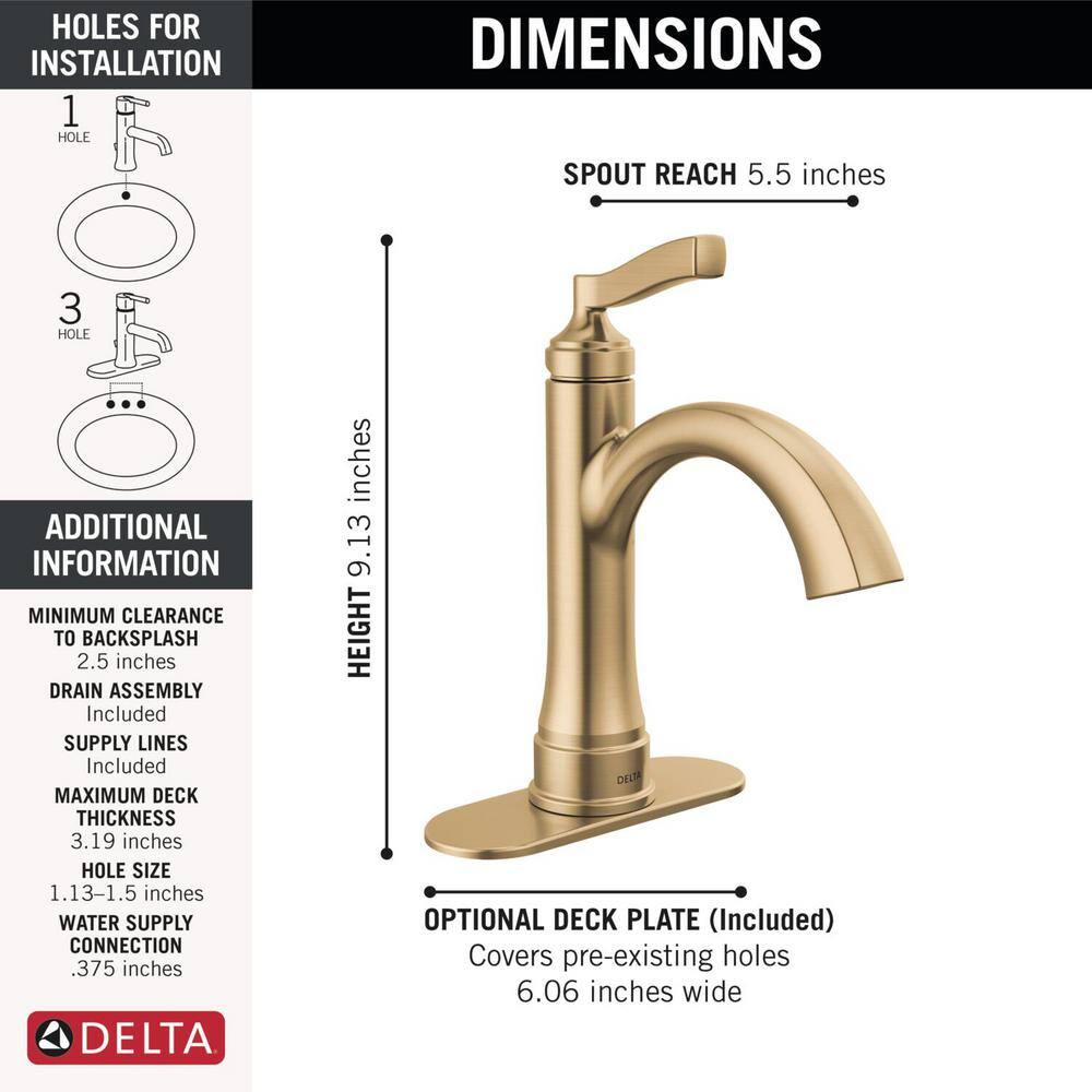 Delta Faryn Single Handle Single Hole Bathroom Faucet in Brushed Gold 15822LF-CZ