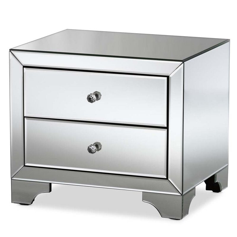 Home Square 2 Drawer Nightstand Set in Mirrored Silver Gray (Set of 2)