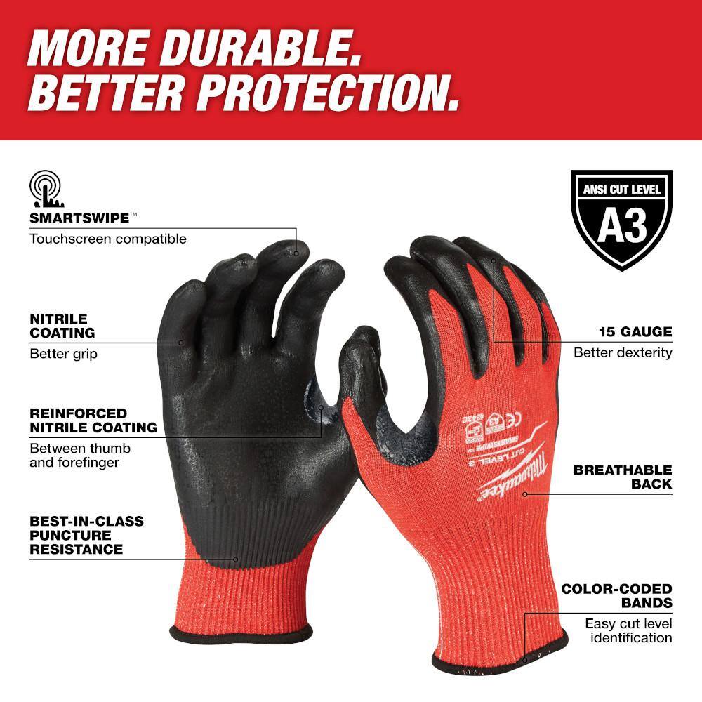 MW Medium Red Nitrile Level 3 Cut Resistant Dipped Work Gloves 48-22-8931