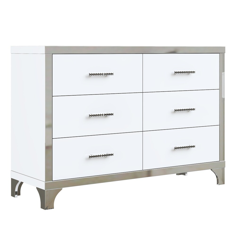 High Gloss Dresser with Metal Handle  Mirrored Storage Cabinet with 6 Drawers for Bedroom  Living Room