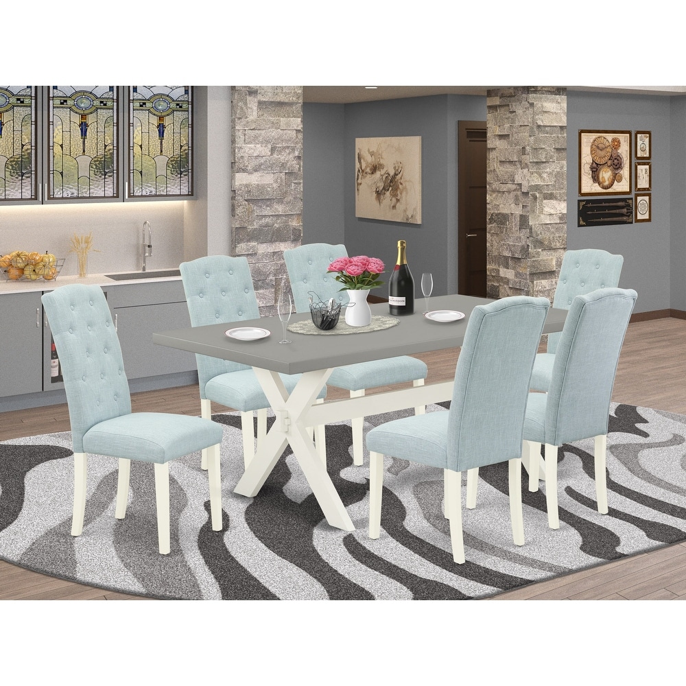 East West Furniture Dining Table Set  a Dining Table and Baby Blue Linen Fabric Upholstered Chairs  Linen White(Pieces Options)