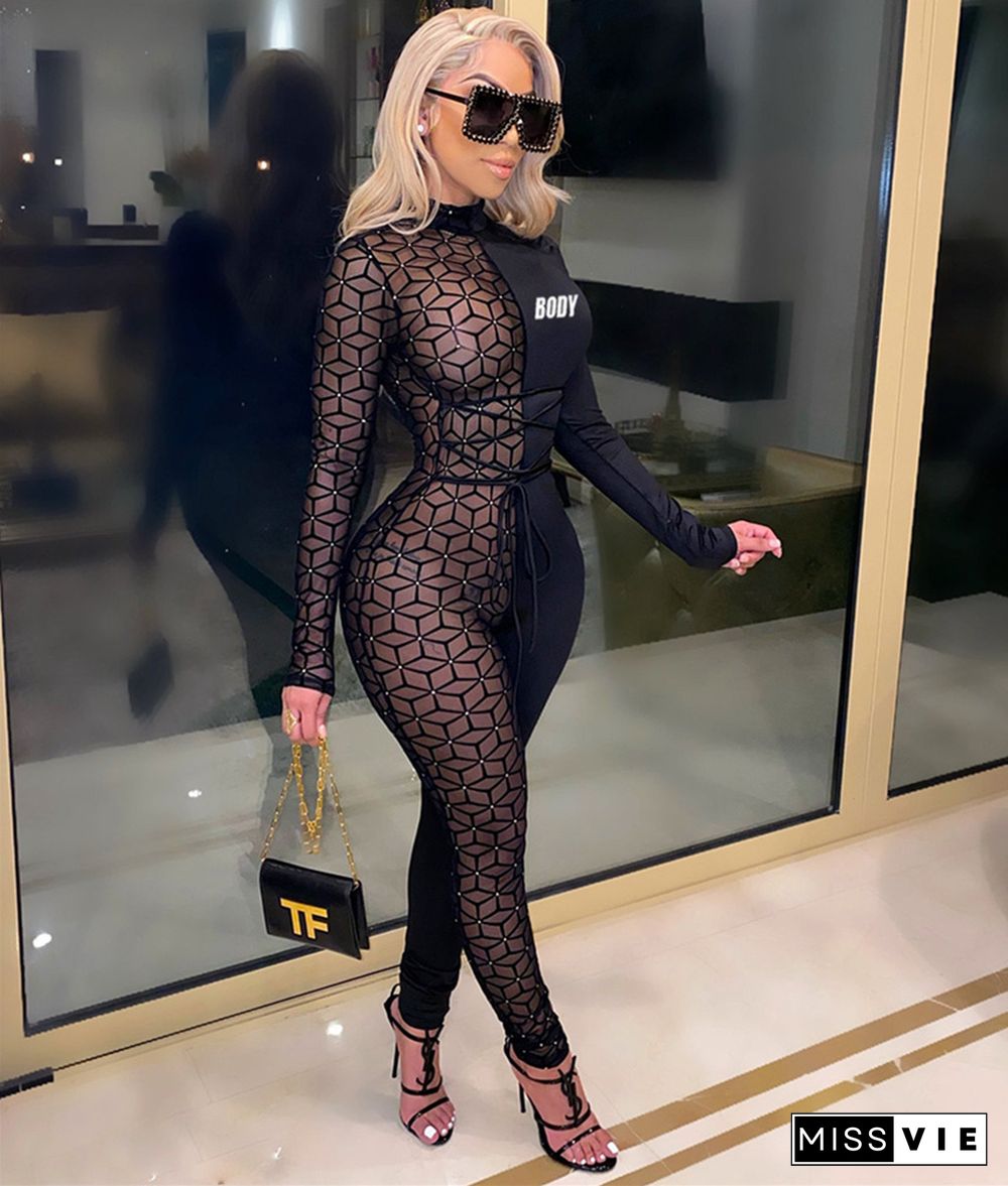 Sheer Mesh Patchwork Long Sleeve Sexy Jumpsuit