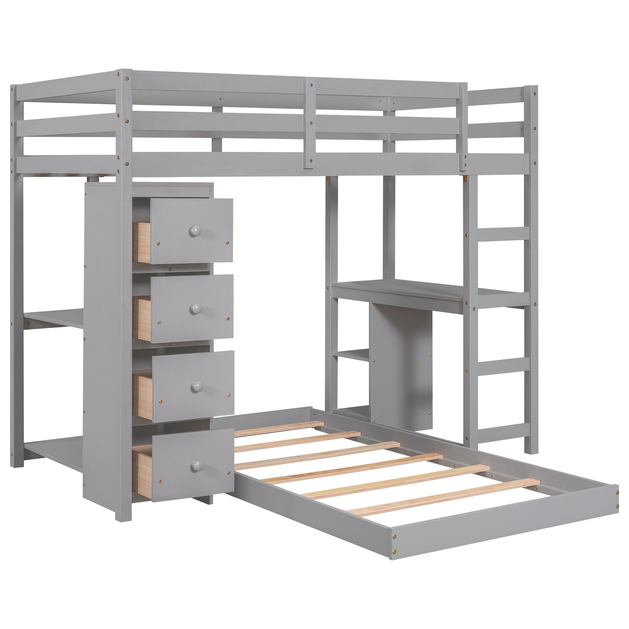 Euroco Twin Over Twin Loft Bed with Four Drawers and Ladder for Kids, Gray