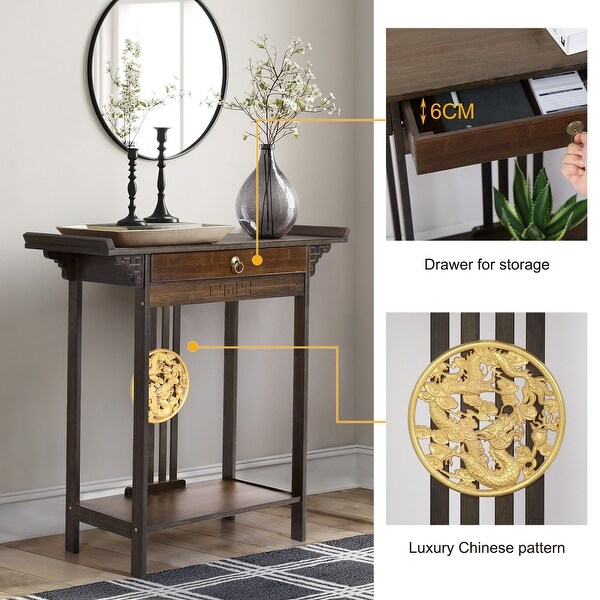 2 Tiers Bamboo Console Table Entryway Hallway with 1 Drawer