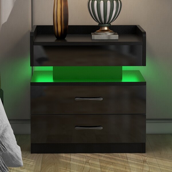 Nightstand with 2 Drawers，USB Charging Ports and Remote Control LED Light-Black - - 37505562