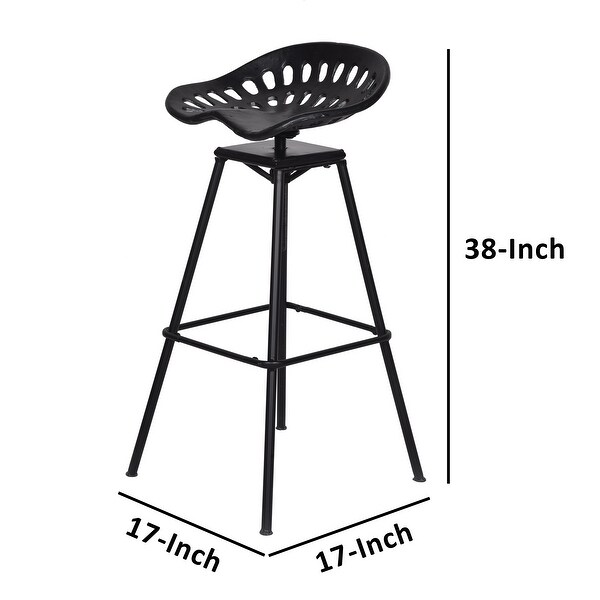 38 Inch Industrial Metal Barstool with Footrest， Swivel， Adjustable Seat Height， Angled Legs， Black