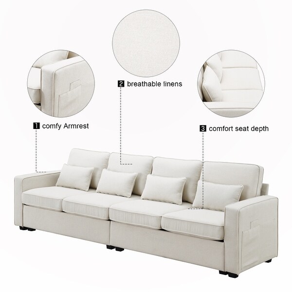 4-Seater Linen Fabric Sofa with Armrest Pockets and 4 Pillows