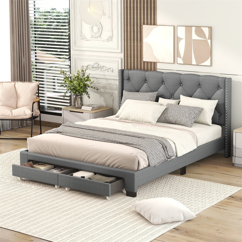 Queen Size Storage Bed Linen Upholstered Platform Bed with Two Drawers