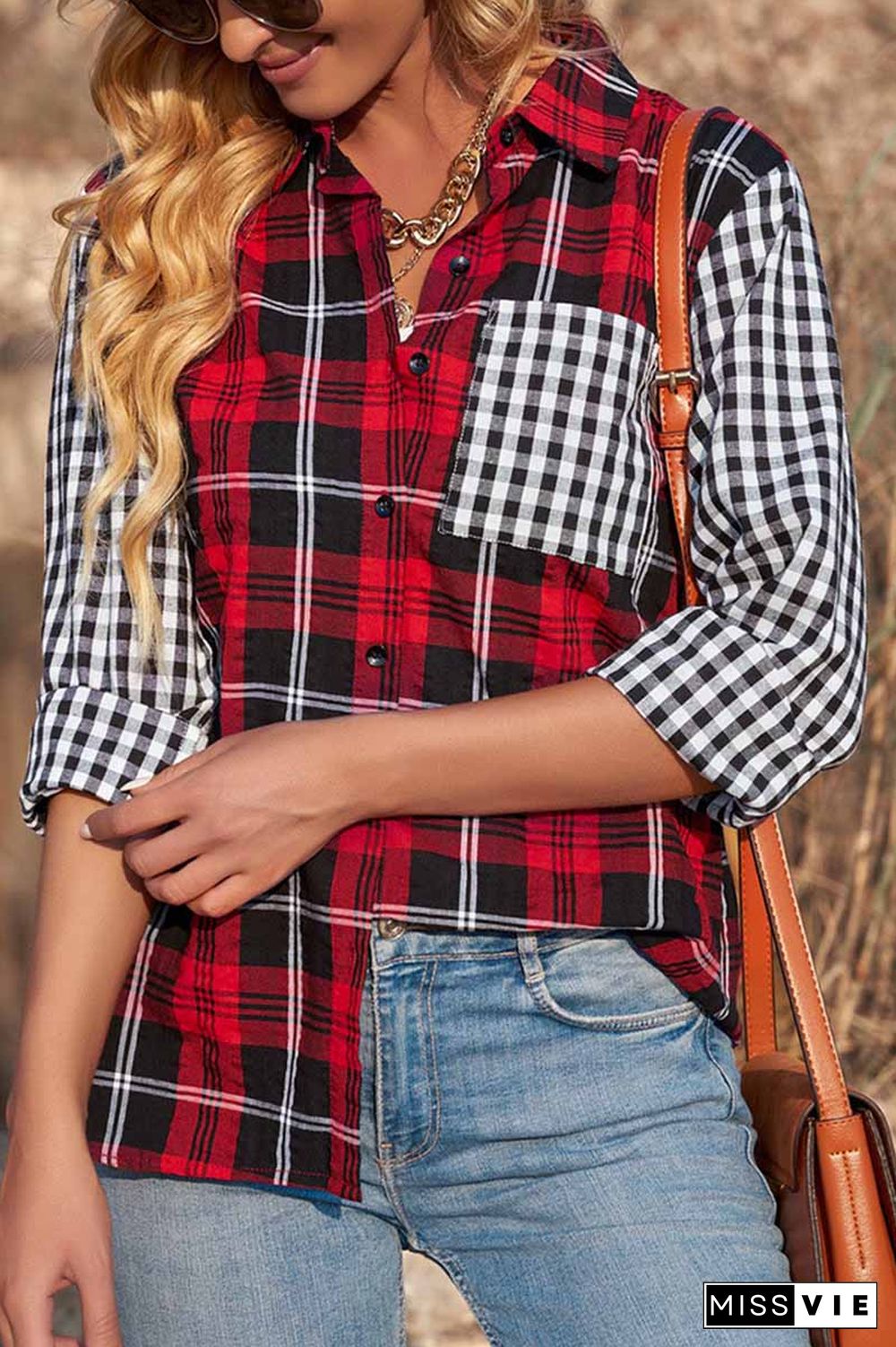 Colorblock Plaid Patched Pocket Button Front Shirt