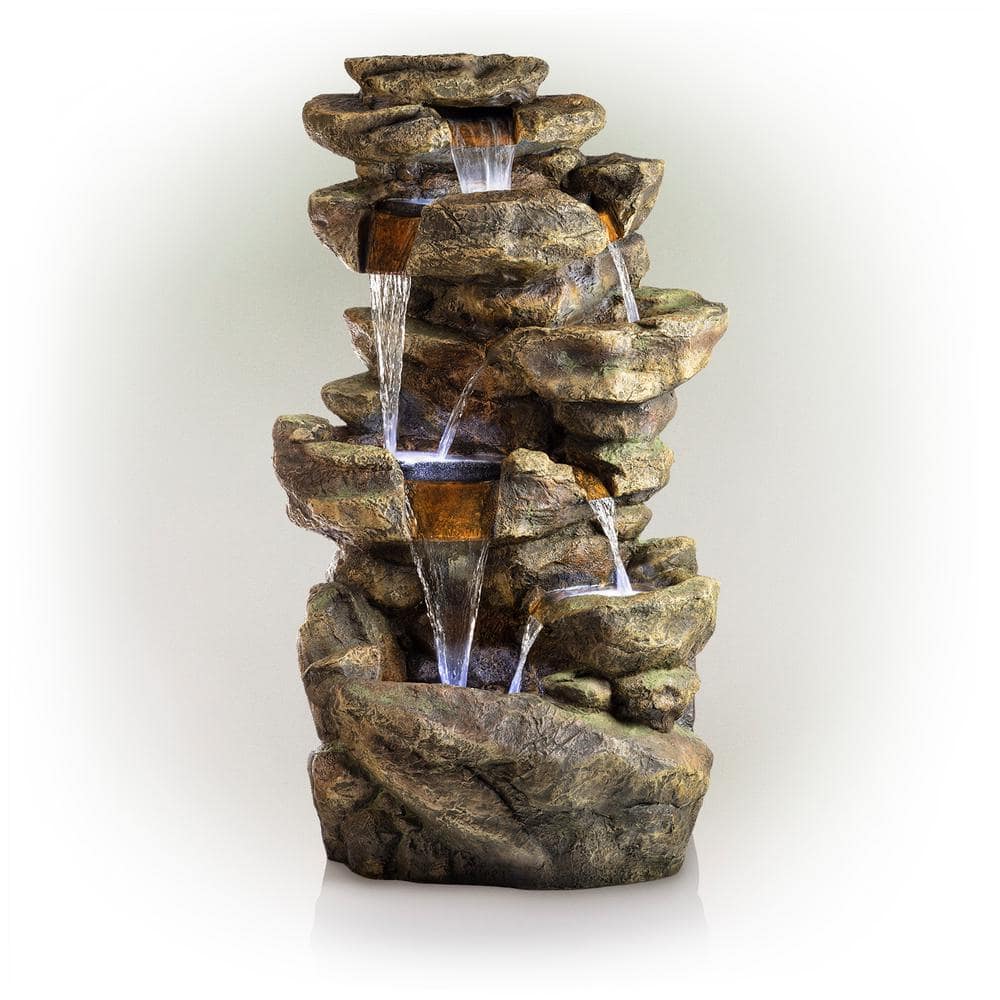 Alpine Corporation 51 in. Tall Outdoor 6-Tier Amazonian Rainforest Waterfall Fountain with 30 LED Lights TZL198