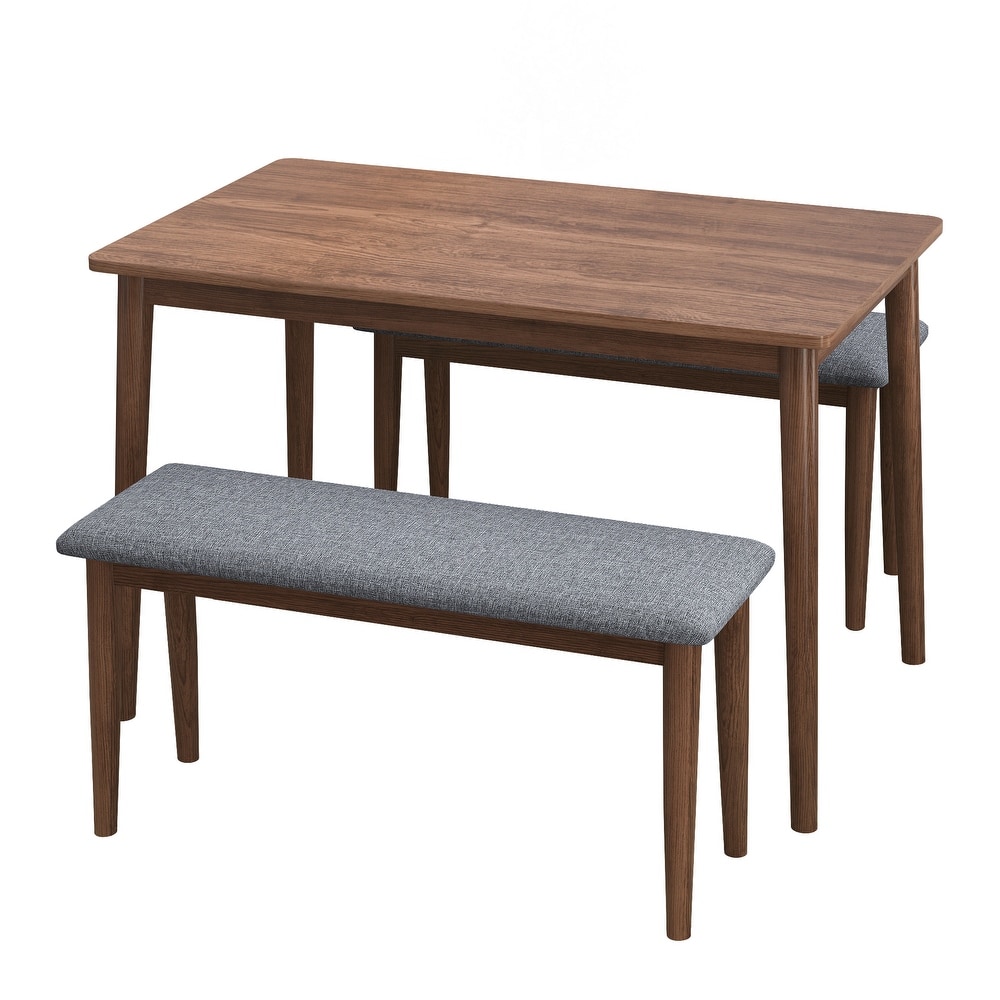 Rectangular 3 Piece Wood Fixed Dining Table Set with Fabric Bench Seating and Rubber Wood Dining Table for Dining Room