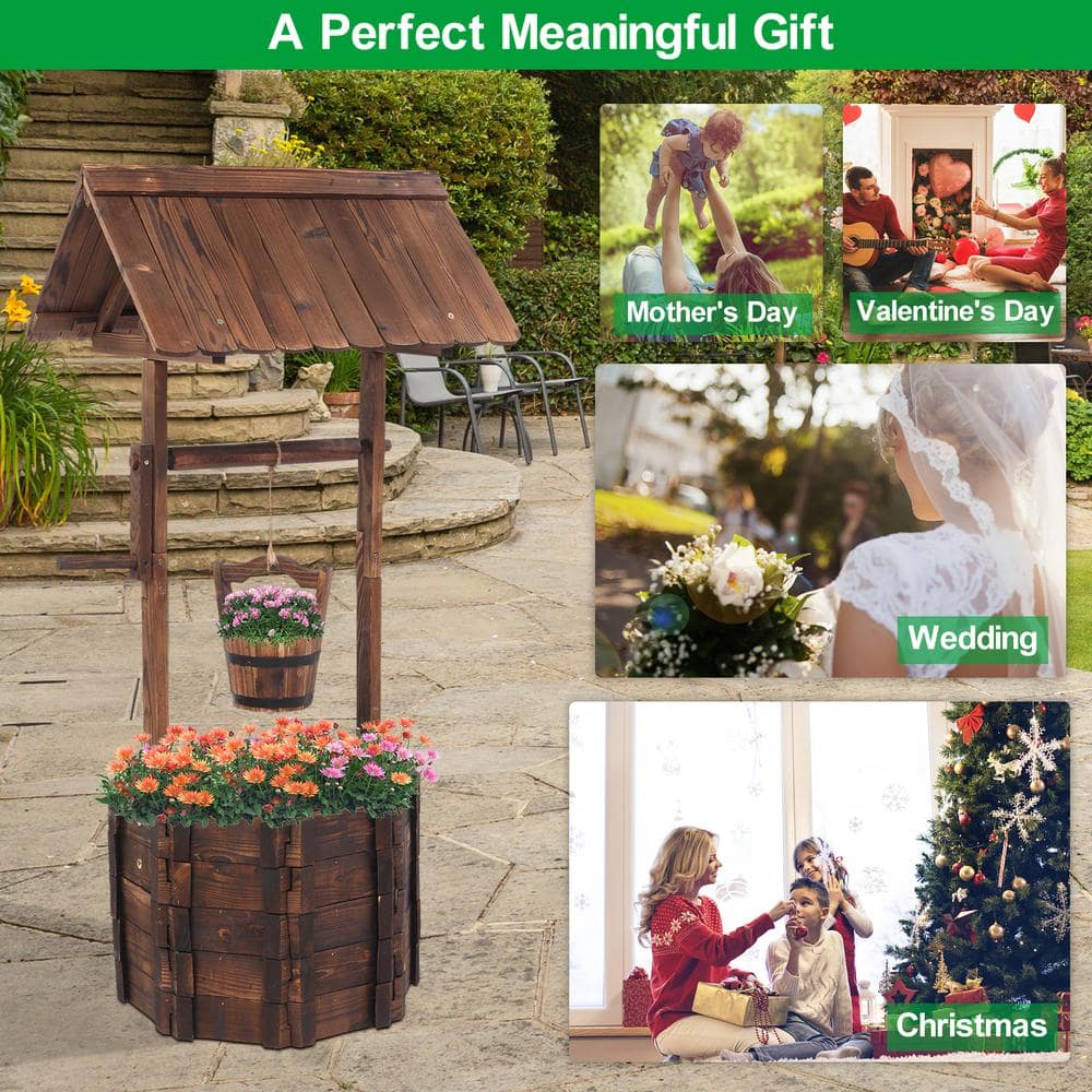 VINGLI 45 in. H Rustic Wooden Wishing Well Planter Flower Pot Patio Garden Outdoor Decor HDG26000842