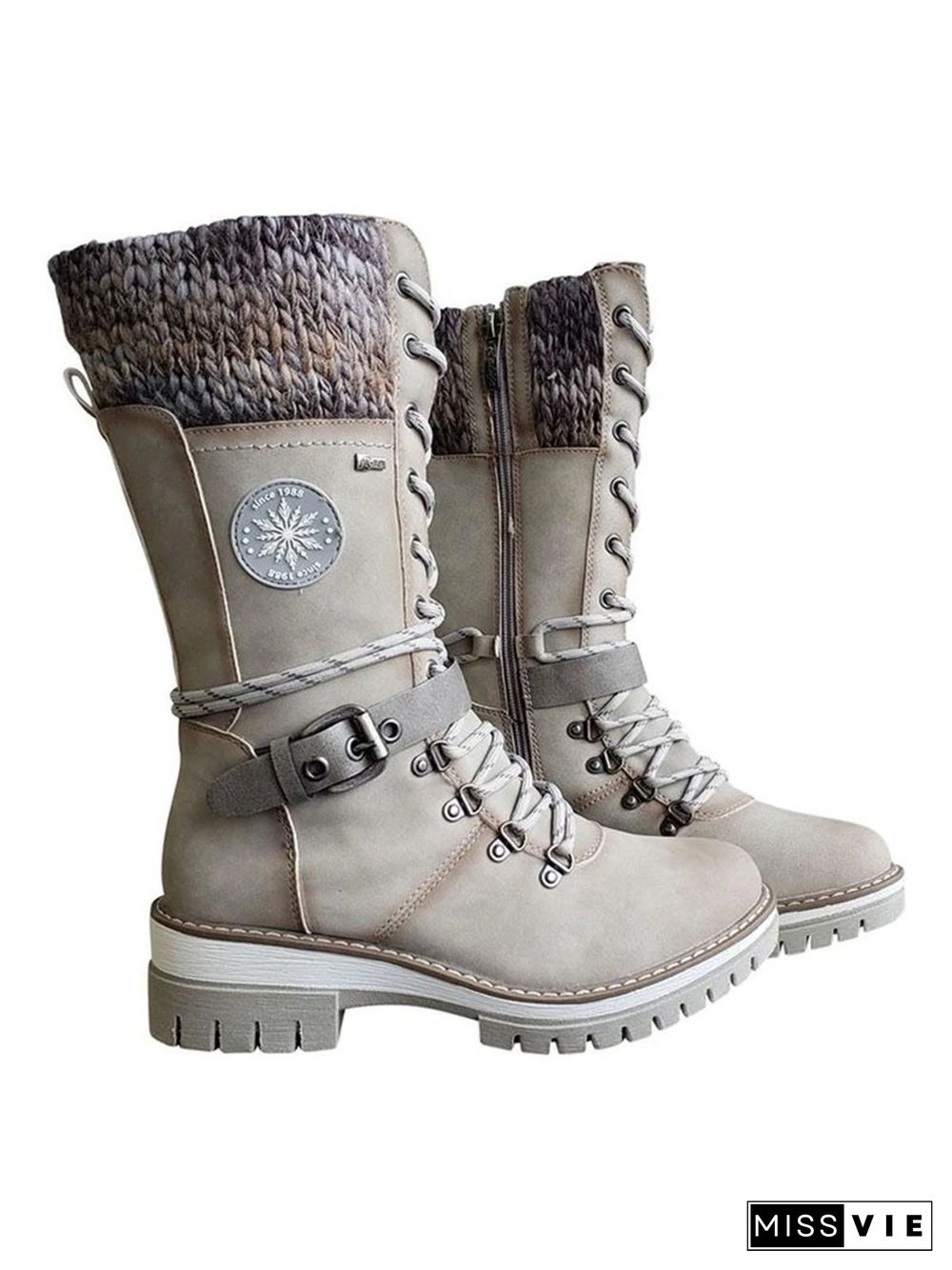 Retro Casual Stitching Zipper Lace-up Combat Boots