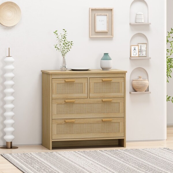 Natural 4 Drawers Dresser Cabinet with Rattan Panel for Bedroom - - 37846151