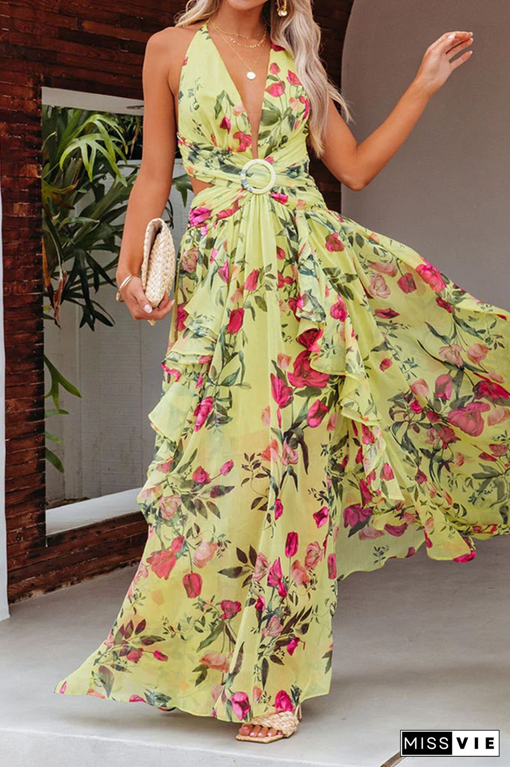 Yellow Floral Print Halter Wrapped Maxi Dress