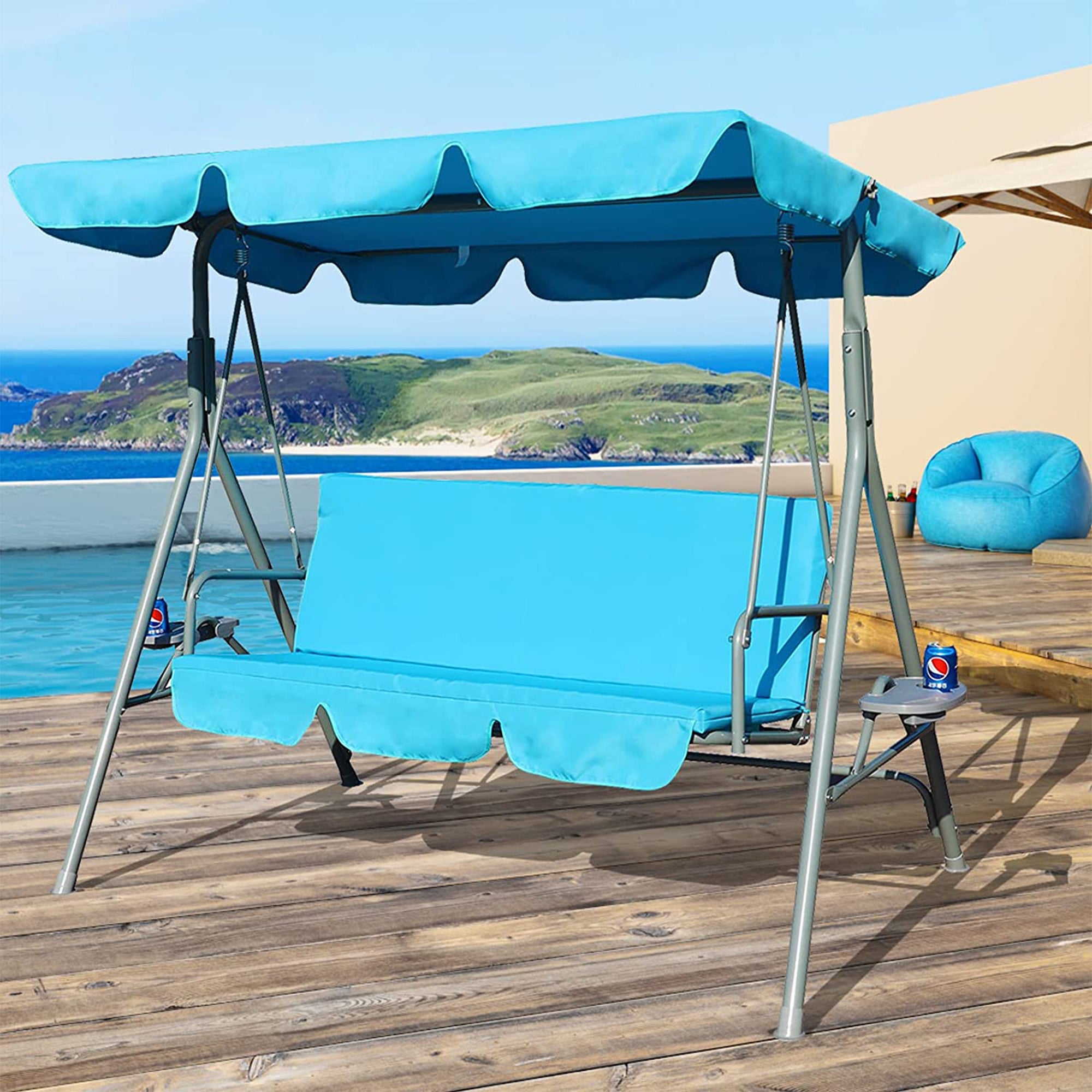 GOLDSUN 3 Person Glider Swing Hammock Chair w/ Utility Tray & Canopy, Blue