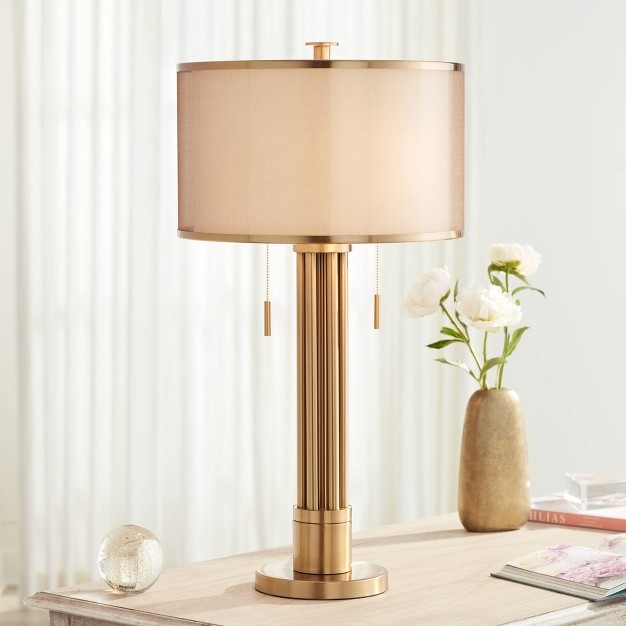 Tall Brass Column Taupe Organza Outer Off White Linen Inner Drum Shade For Bedroom Living Room