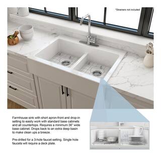 Glacier Bay Farmhouse Apron-Front Fireclay 34 in. 3-Hole Double Bowl Kitchen Sink in White with Bottom Grid 3ABRB-01-001