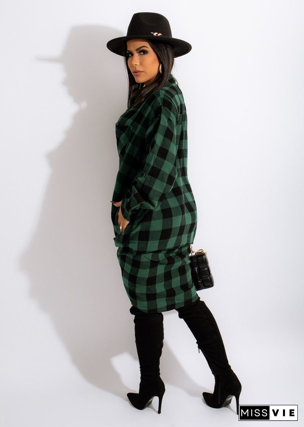 Long Sleeves Single-breasted Plaid Shirt Dress