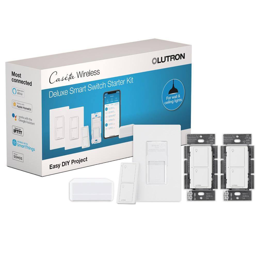 Lutron Caseta Smart Switch (2 Count) Deluxe Kit with Smart Hub and Pico Remote Neutral Wire Required (P-BDG-PKG2WS-WH) P-BDG-PKG2WS-WH