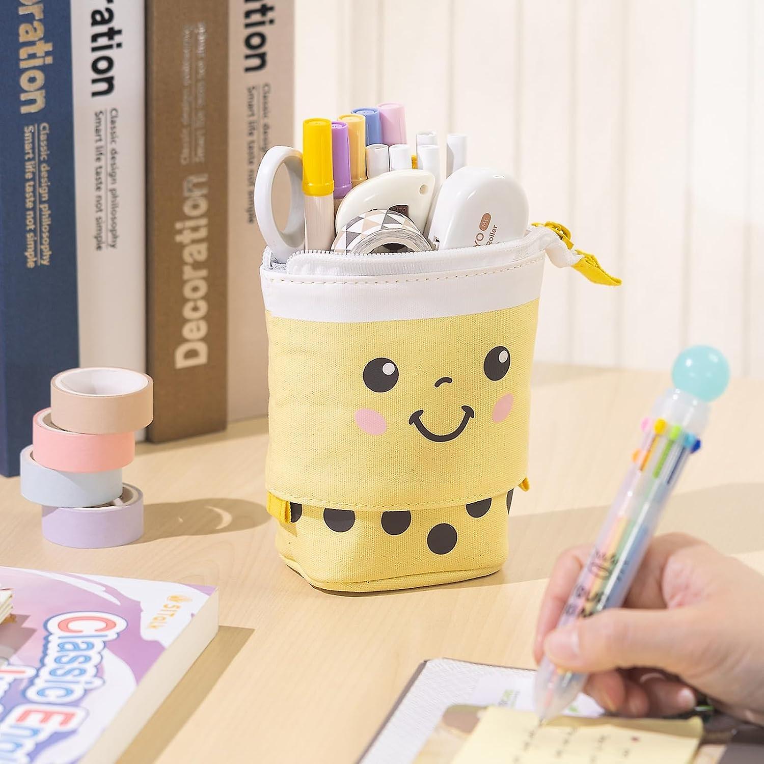 Cute Pencil Case Standing Pen Holder Telescopic Pouch Pop Up Cosmetics Bag Stationery Office Organizer Box For Girls Students Women Adults (yellow)