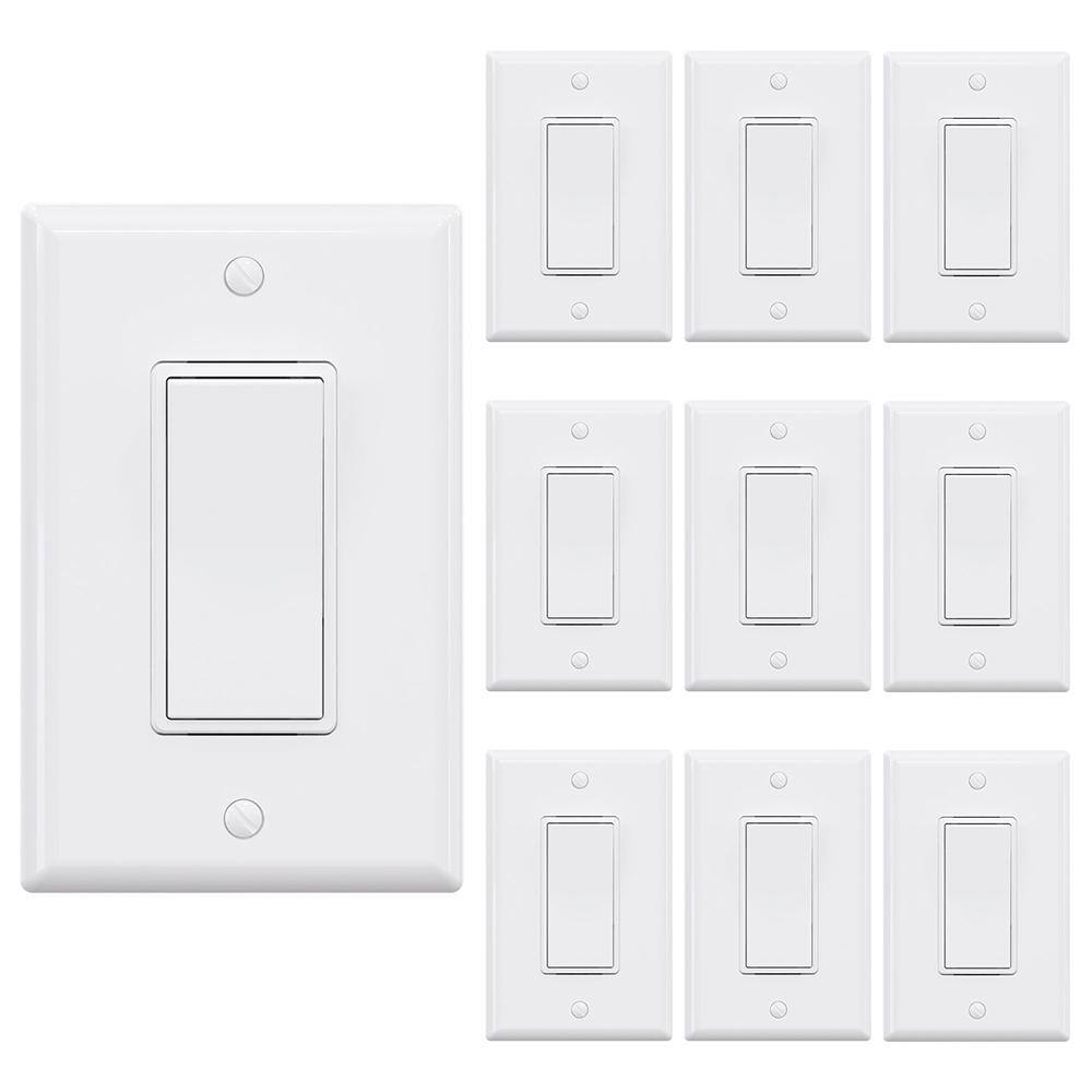 ELEGRP Decor 15 Amp Single Pole Rocker Light Switch with Wall Plate White (10-Pack) 1004A