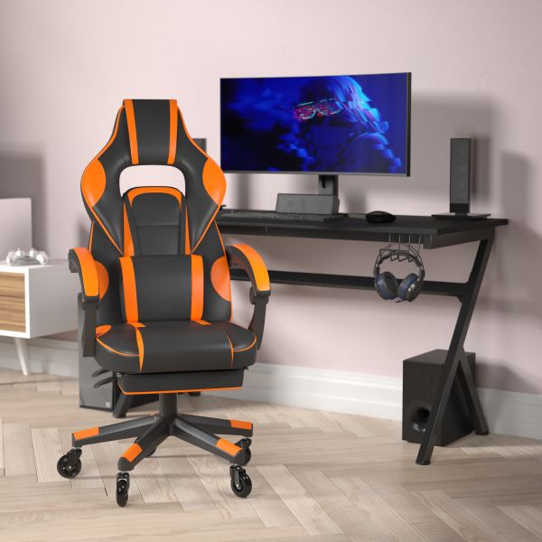 X40 Gaming Chair Racing Computer Chair with Fully Reclining Back/Arms and Transparent Roller Wheels， Slide-Out Footrest， - Black/Orange