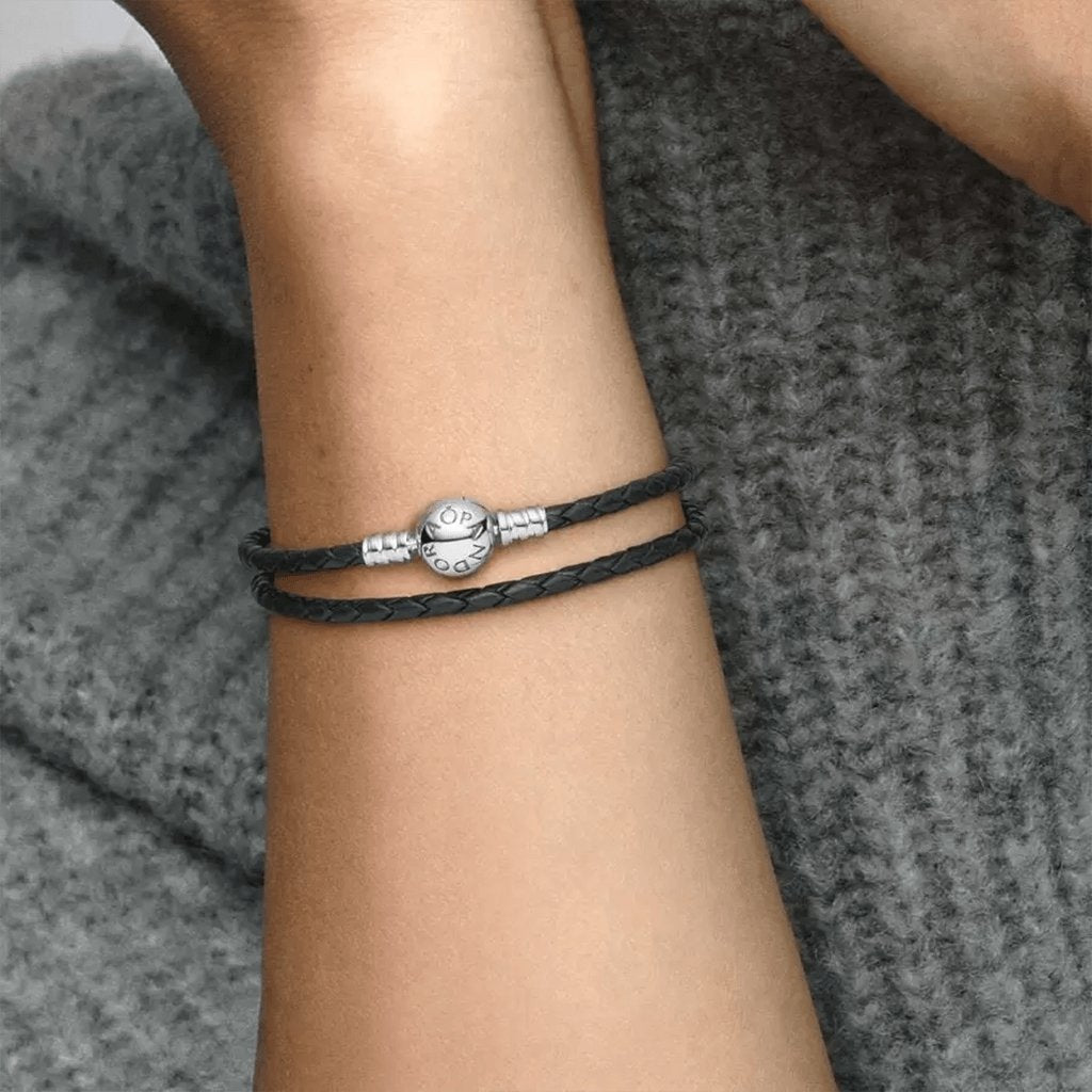 PANDORA  Pandora Moments Double Black Leather Bracelet