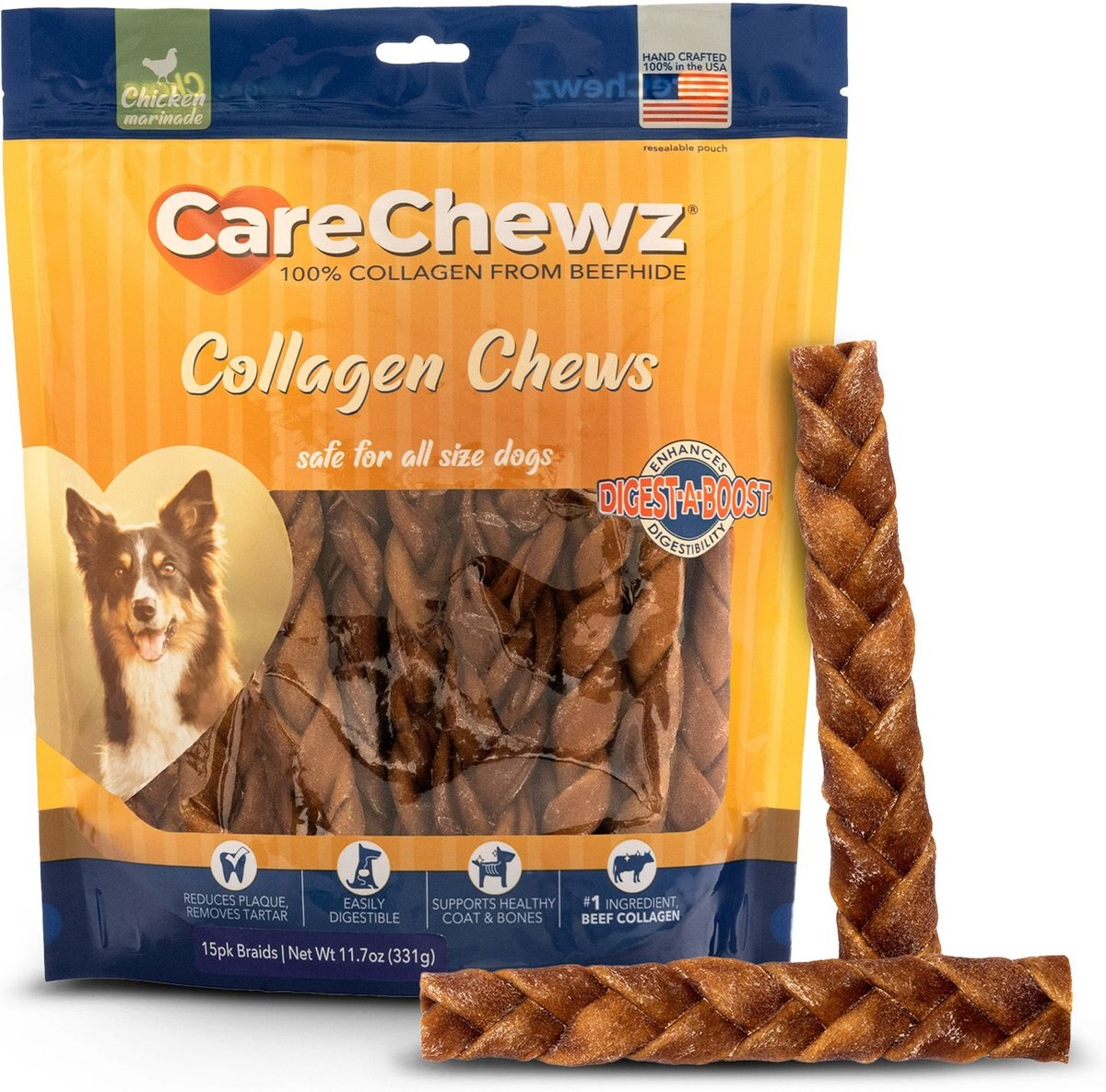 Pet Factory CareChewz 6 to 7-inch Collagen Braid Chicken Flavored Dog Hard Chews， 12 count