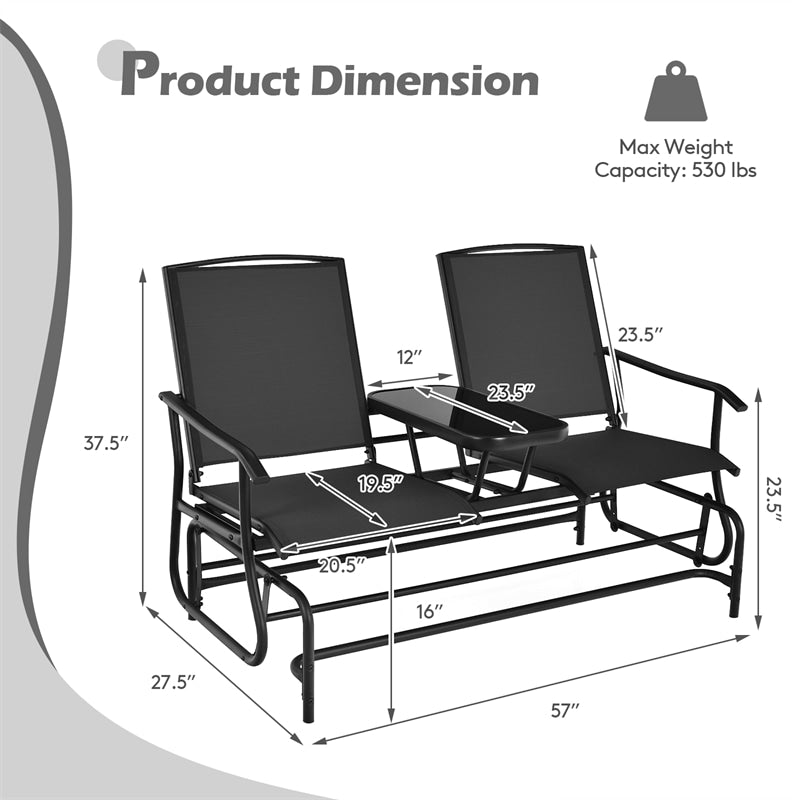 Outdoor 2-Person Rocking Loveseat Patio Bench Glider Chair with Center Tempered Glass Table