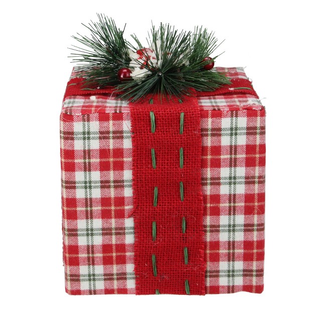 Red And Green Plaid Square Gift Box With Pine Bow Table Top Christmas Accent