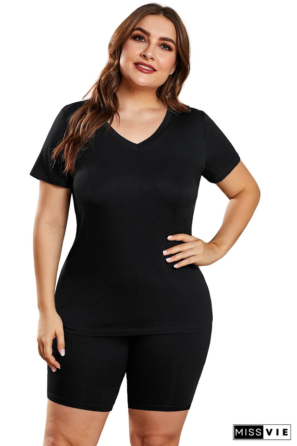 Black Plus Size V Neck T-shirt and Shorts Loungewear