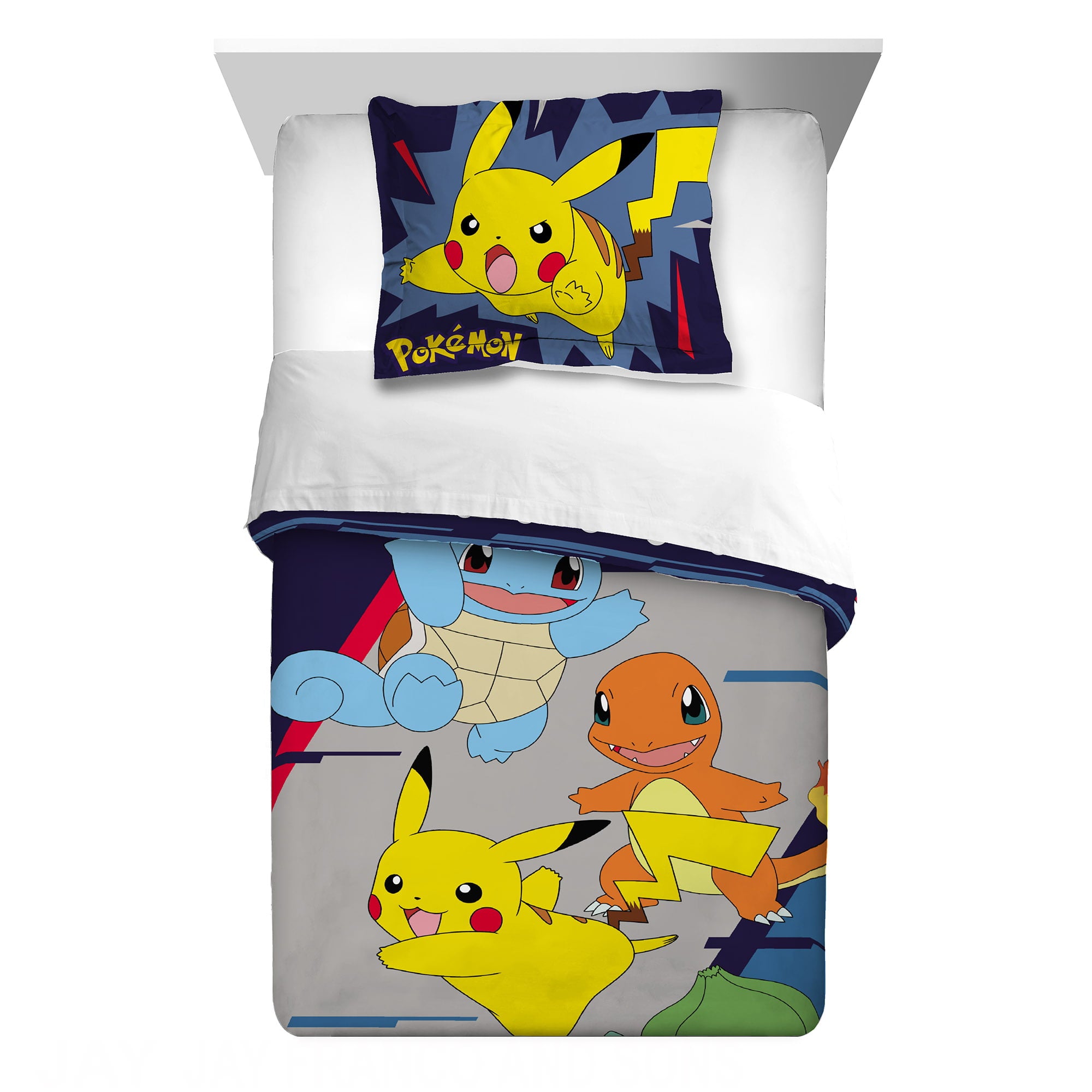 Pokémon Kids Comforter and Sham， 2-Piece Set， Twin/Full， Gaming Bedding， Reversible， Blue and Gray