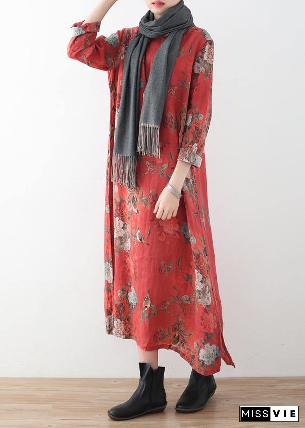 Women red linen outfit Fine Runway side open Maxi prints Dress